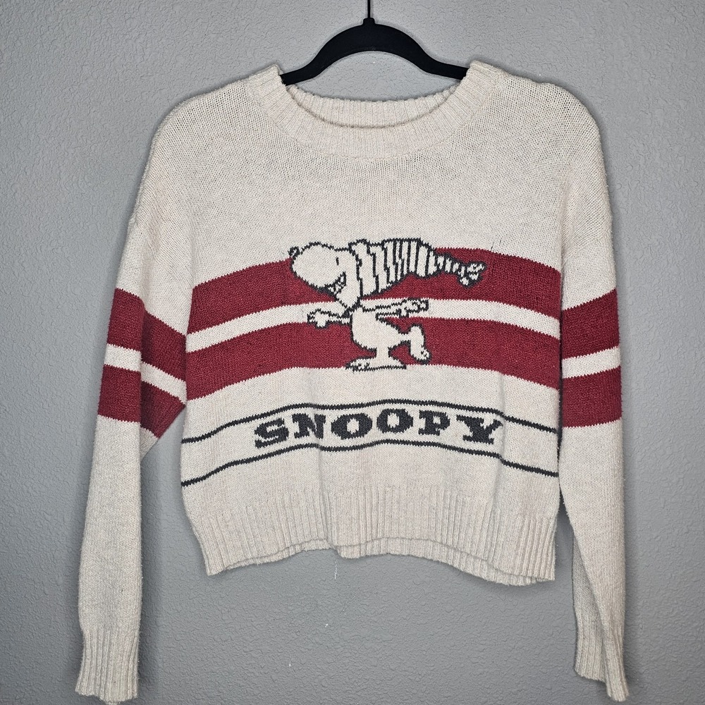 AE American Eagle Peanuts Snoopy Striped Cropped Knit Sweater Cream Burgundy XS‎